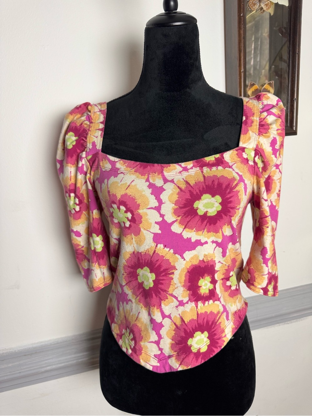 Free People Pink Floral Square-Neck Puff Sleeve Crop Top